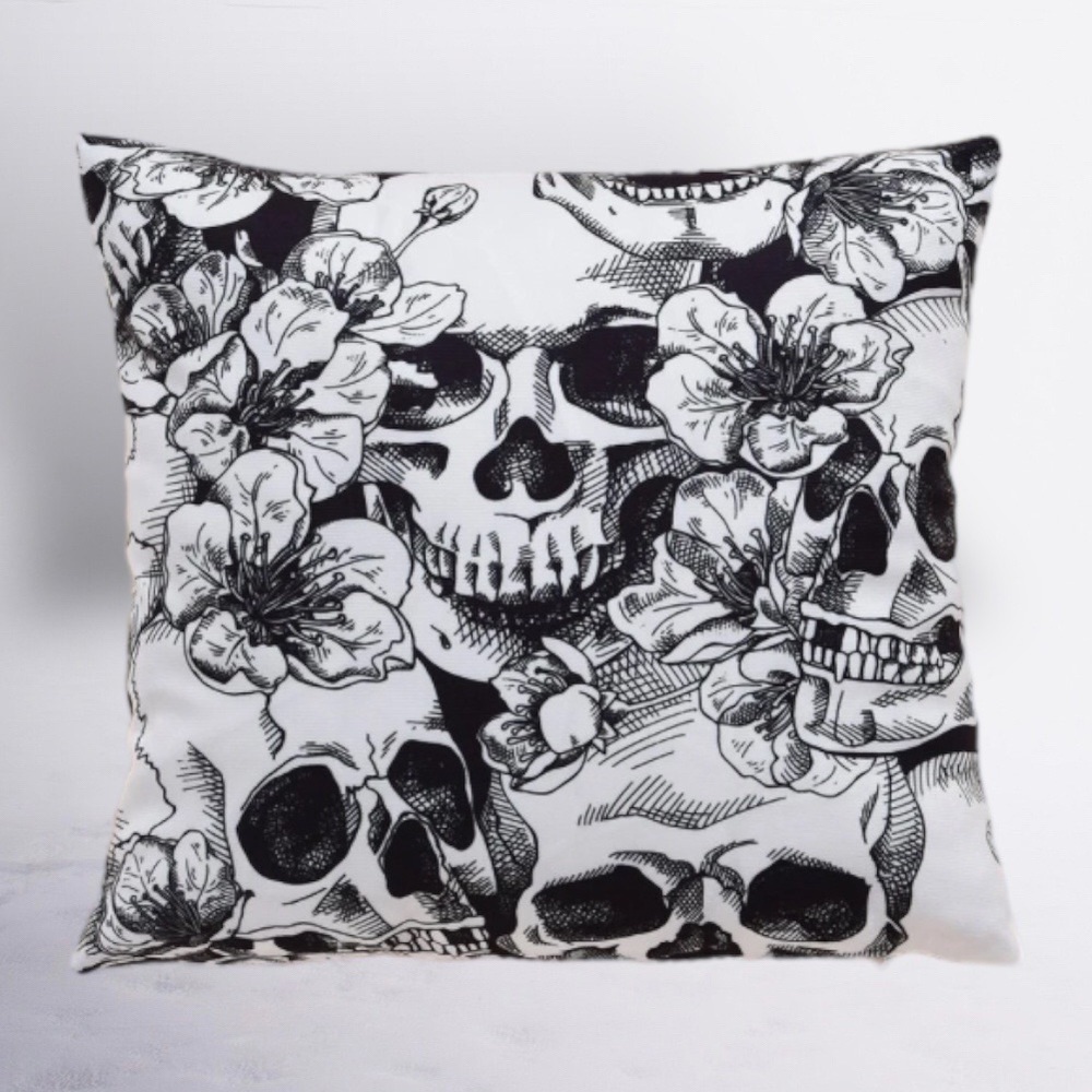 Pillow Cover Skulls Zipper Closure Large Black White Square 17.7 X 17.7 inches